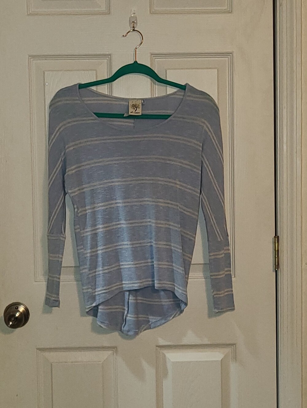 Self Esteem Light Blue and White Striped Long Sleeve Top